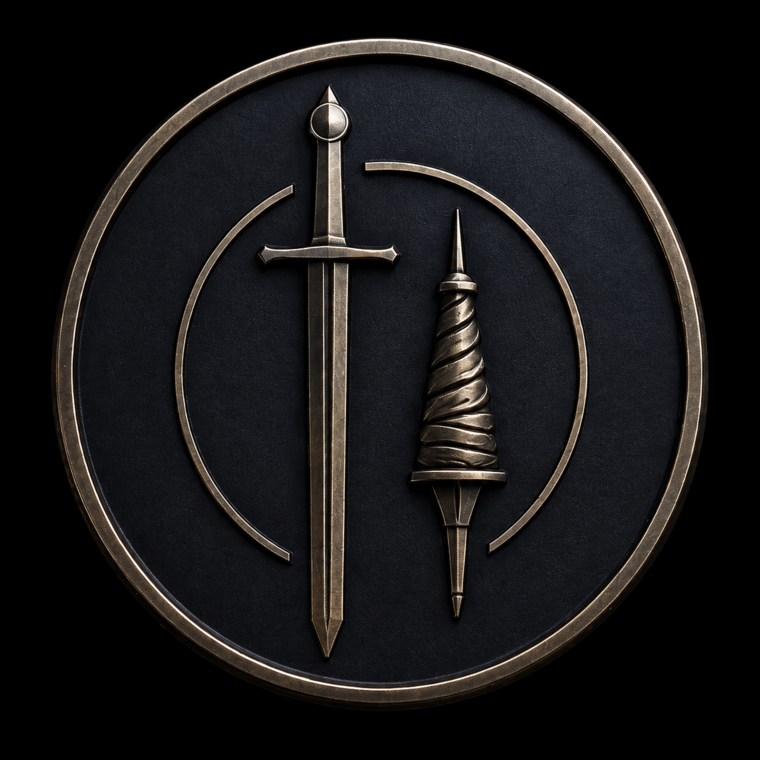 CATO emblem featuring a sword and spindle